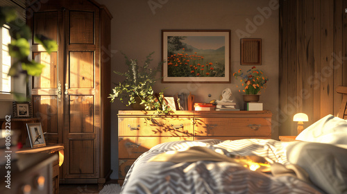 Cozy bedroom furniture including bed, dresser and art