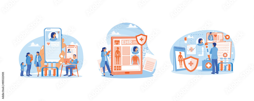 Electronic health records. The doctor reads the patient's medical record. Online health services. Electronic Healthcare concept. Set flat vector illustration.