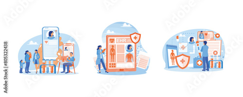 Electronic health records. The doctor reads the patient's medical record. Online health services. Electronic Healthcare concept. Set flat vector illustration.