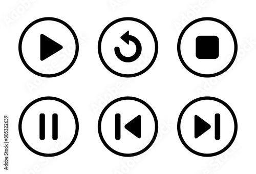 Play, replay, stop, pause, previous, and next track icon on circle line