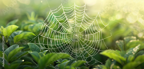 The delicate structure of a spidera??s web, glistening with dew against a backdrop of soft-focus green foliage. The web occupies a central space, with the surroundings fading into light green, photo