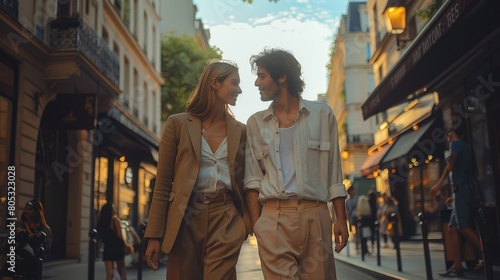 A woman and a man in a fashion sophisticated look, dressed with sartorial trousers, shirt and t-shirt, while walk on a street in Paris in a summer morning. Generative AI. © visoot