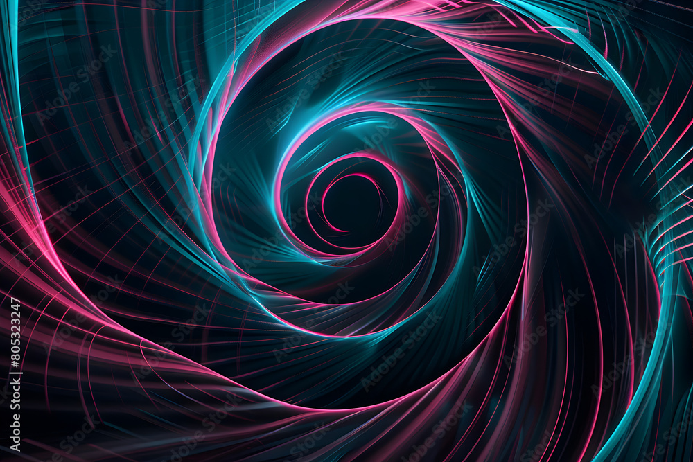 Hypnotic swirling neon lights in pink and turquoise shades. Captivating artwork on black background.