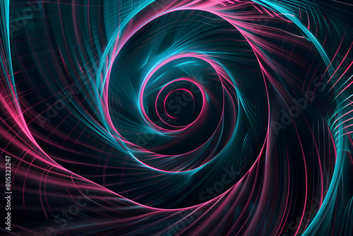 Hypnotic swirling neon lights in pink and turquoise shades. Captivating artwork on black background.