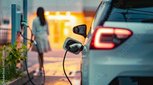 The Foreground Focus on an Electric Car Charger and a Woman's Silhouette in Soft Focus Behind