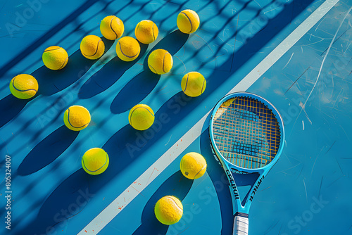 Holliday sport composition with yellow tennis balls and racket on a blue background of hard tennis court. Sport and healthy lifestyle. The concept of outdoor game sports. Flat lay © john