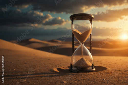 An old wooden hourglass standing of dunes in the middle of desert. Cycle of life and passing of time concept.