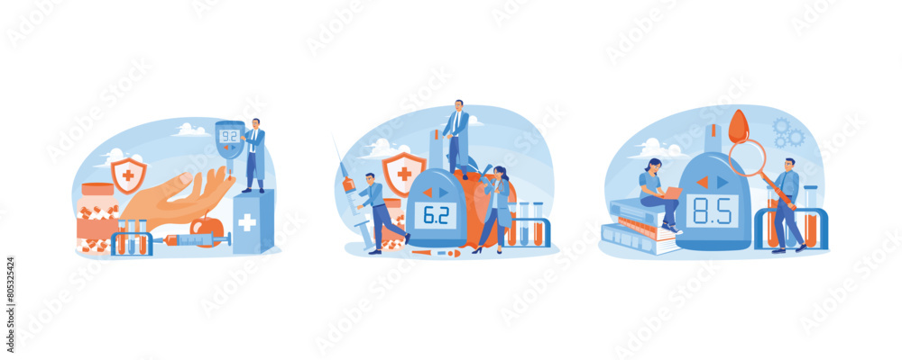 Control diet and lifestyle. Insulin reduction for health care.The doctor measures blood glucose. Diabetes Levels concept. Set flat vector illustration. Control diet and lifestyle. Insulin reduction for health care.The doctor measures blood glucose. Diabetes Levels concept. Set flat vector illustration.