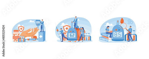 Control diet and lifestyle. Insulin reduction for health care.The doctor measures blood glucose. Diabetes Levels concept. Set flat vector illustration.