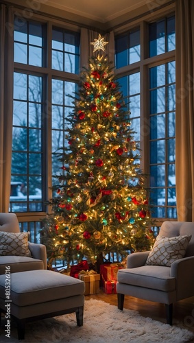 Immerse yourself in the cozy ambiance of a stylish living room, featuring a crackling fireplace and a meticulously adorned Christmas tree, brimming with holiday charm.