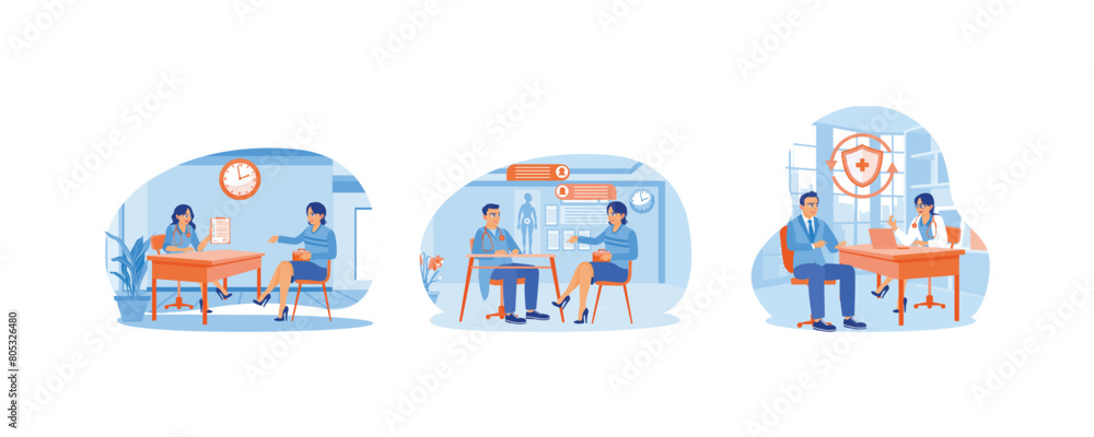 Patient meets doctor. Consult at a health clinic. Consult about disease symptoms and treatment. Medical Consultation concept. Set flat vector illustration.