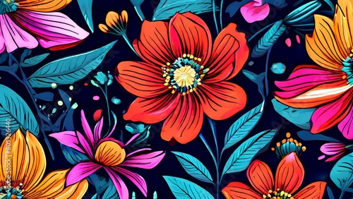 AI Illustration of Floral delight creating a vibrant floral pattern with bold blossoms