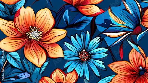 AI Illustration of Floral delight creating a vibrant floral pattern with bold blossoms