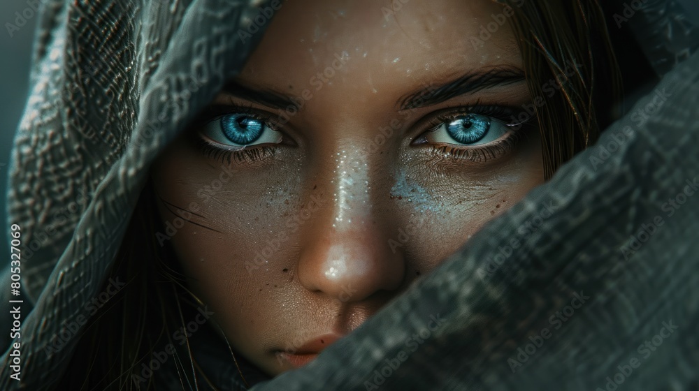 Cyberpunk mysterious style portrait of beautiful closed face young woman veil with blue eyes AI generated image Cyberpunk mysterious style portrait of beautiful closed face young woman veil with blue eyes AI generated image