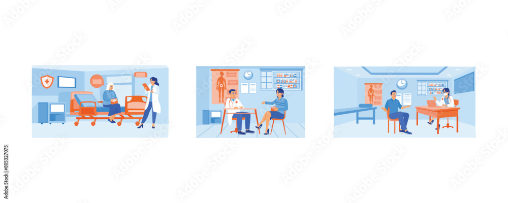 Health consultation. Female patient visiting a doctor in the hospital. Doing a health check in the workroom. Medical Consultation concept. Set flat vector illustration.