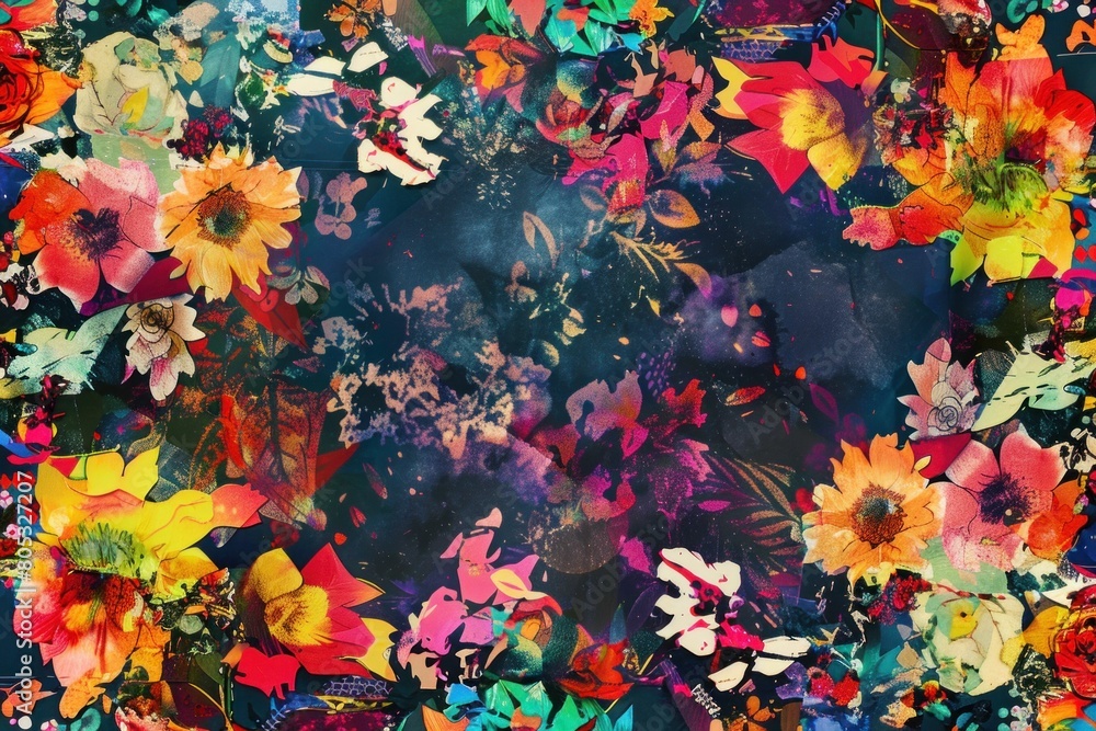 Vibrant floral pattern on dark background with blue sky, beautiful and colorful design for digital use Vibrant floral pattern on dark background with blue sky, beautiful and colorful design for digital use