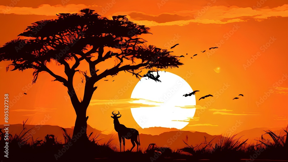 Safari sunset with silhouettes of african wildlife against a setting sun