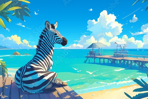 cartoon zebra sitting on a beach pier