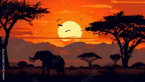 Safari sunset with silhouettes of african wildlife against a setting sun