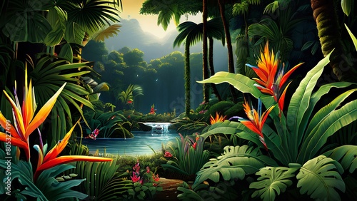 Tropical paradise design with exotic flowers and colorful birds in the jungle