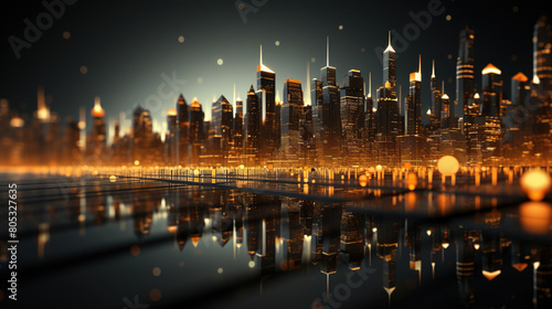 In The Style of Dark Gold and Orange Cityscape Miniature Abstraction on Defocused Background