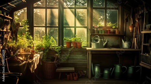 dreamy blurred garden shed interior
