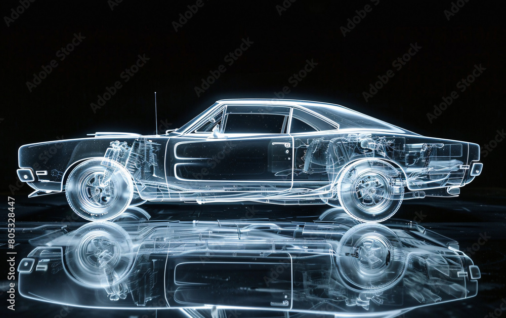 X-Ray View of Classic Car Engineering, Displaying Internal Mechanics. The visualization captures the car's sleek design and complex engineering, highlighting components usually hidden under the chass X-Ray View of Classic Car Engineering, Displaying Internal Mechanics. The visualization captures the car's sleek design and complex engineering, highlighting components usually hidden under the chass
