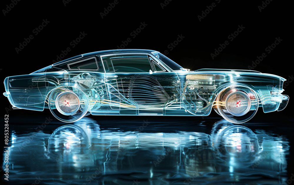 X-Ray View of Classic Car Engineering, Displaying Internal Mechanics. The visualization captures the car's sleek design and complex engineering, highlighting components usually hidden under the chass X-Ray View of Classic Car Engineering, Displaying Internal Mechanics. The visualization captures the car's sleek design and complex engineering, highlighting components usually hidden under the chass