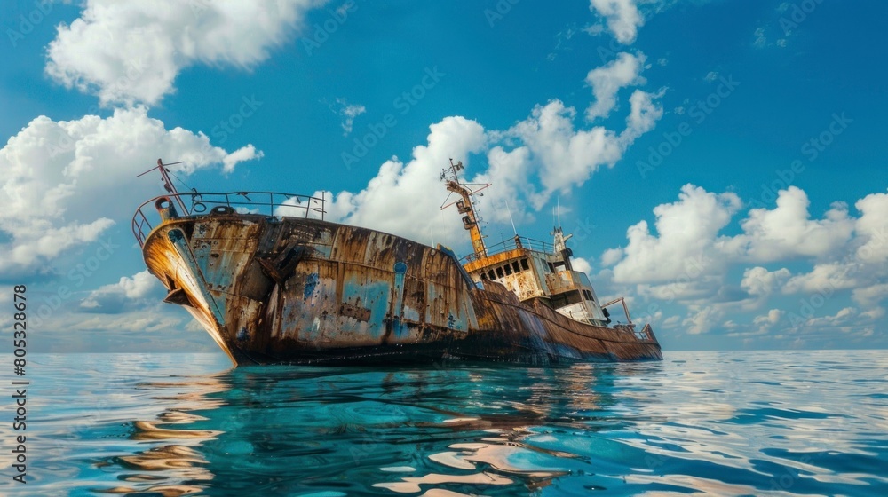 rusty old ship on the blue sea during the day with a blue sky in high resolution and high quality