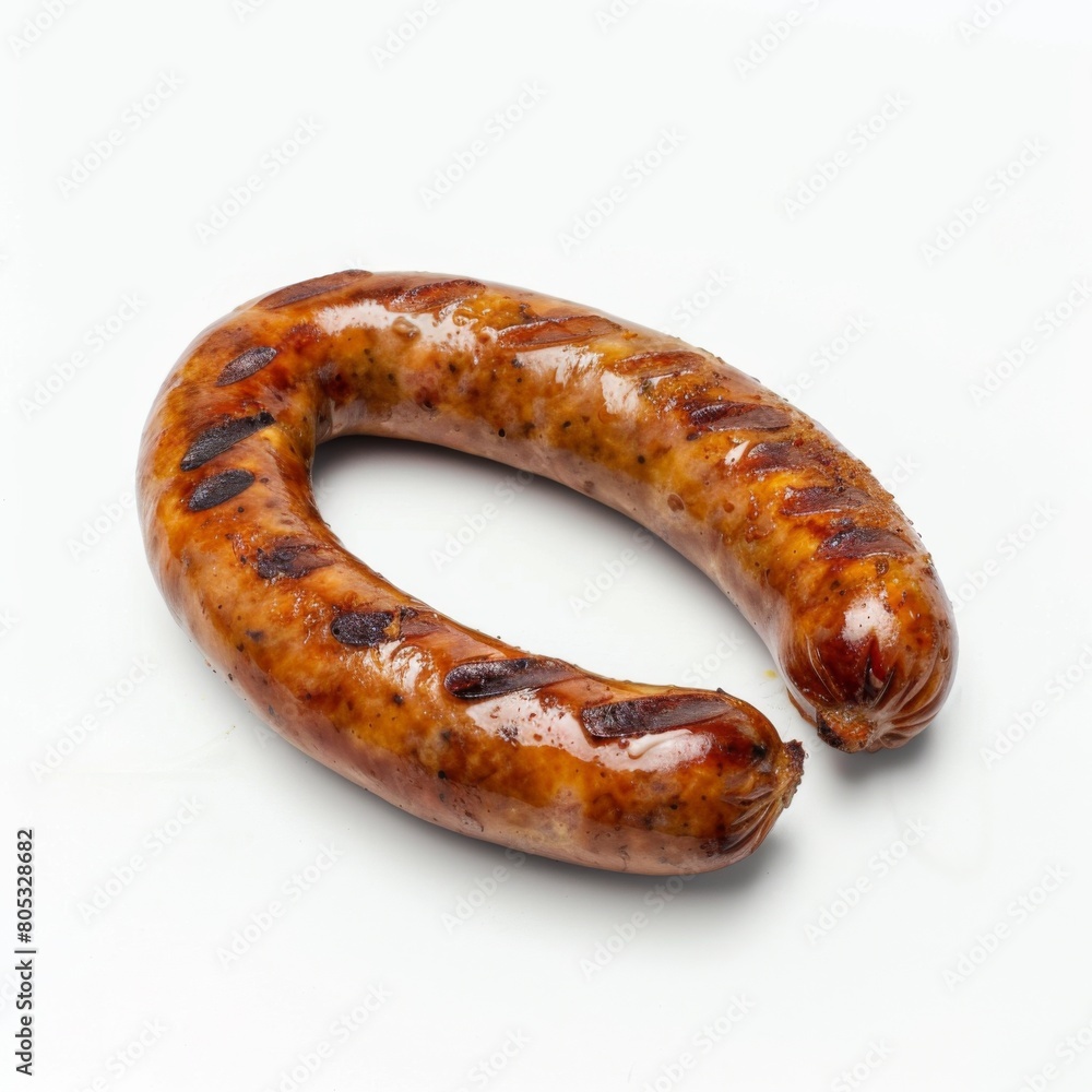 One juicy sausage displayed on a pristine white backdrop One juicy sausage displayed on a pristine white backdrop