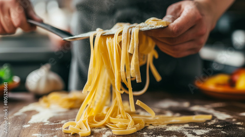 Closeup of cooking process of making homemade pasta. The chef makes fresh traditional Italian pasta with flour and eggs on a rustic table.Genaerative Ai.