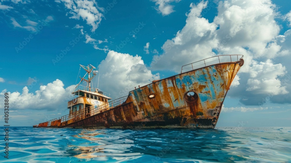 rusty old ship on the blue sea during the day with a blue sky in high resolution and high quality. boats concept