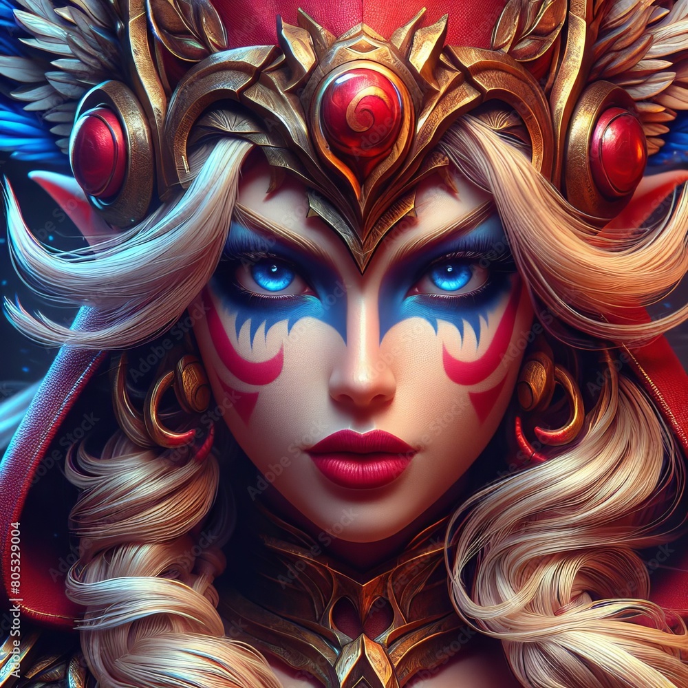 Majestic Female Warrior in Detailed Armor with Intricate Headdress in a Fantasy Painting-Style Illustration