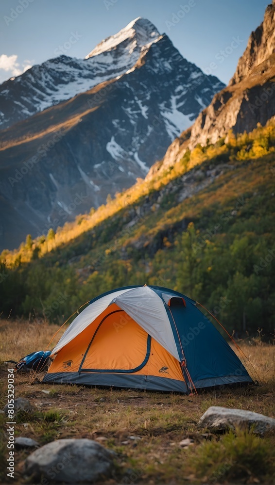 Immerse yourself in the tranquility of the mountains, where a tent takes center stage in a tourist camp nestled amidst the peaks.