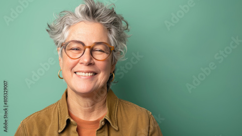 A woman with glasses and a brown jacket is smiling
