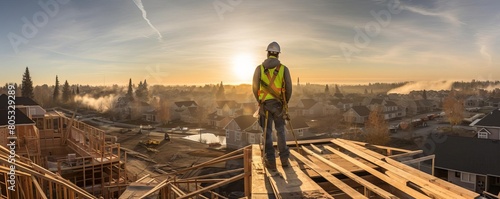 A construction worker stands on a roof overlooking a city. The sun is setting, casting a warm glow over the scene. The worker is wearing a safety vest and a hard hat