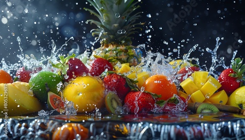 A variety of fresh fruits, including pineapple, mango, kiwi, and strawberries, are arranged in a colorful and visually appealing way. Water is  splashed on them.