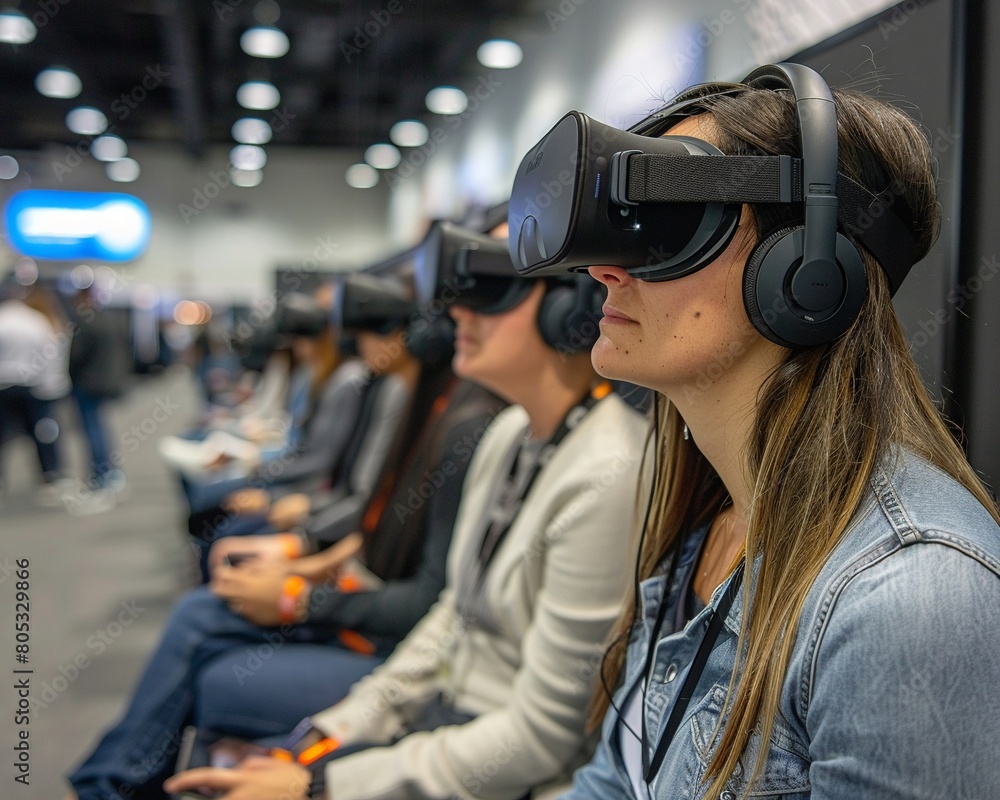 Expo center hosting an innovation showcase, featuring virtual reality panels that immerse attendees in futuristic technology experiences Expo center hosting an innovation showcase, featuring virtual reality panels that immerse attendees in futuristic technology experiences