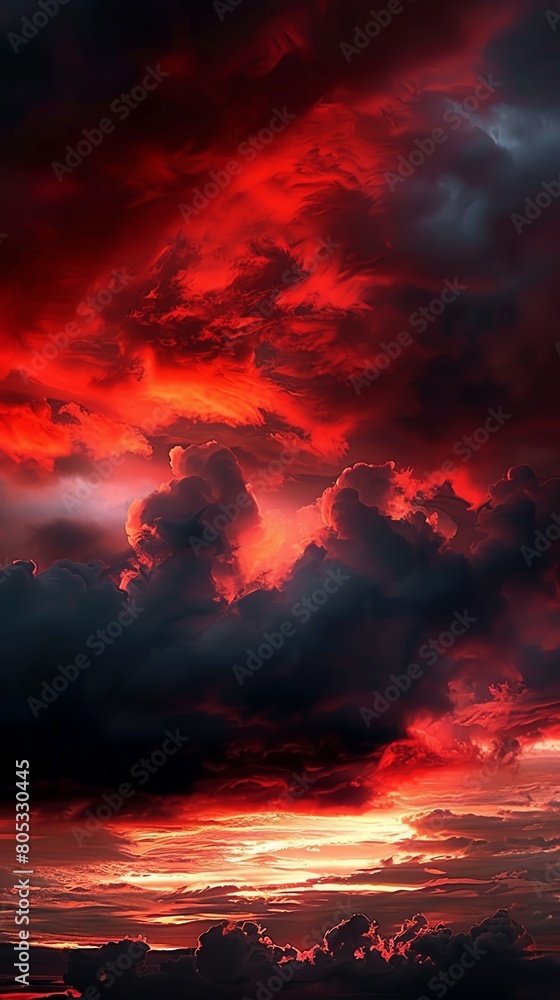 Red clouds at sunset over dark stormy sea with bright orange light on horizon.