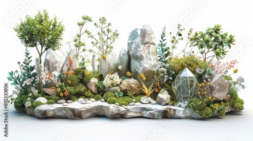 A rock garden with a crystal vase in the middle