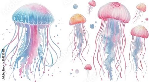 Watercolor jellyfish pastel clipart, transparent background, PNG