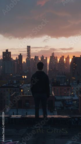 On a rooftop overlooking a sprawling city at sunset, a young man stands with the skyline behind him. 