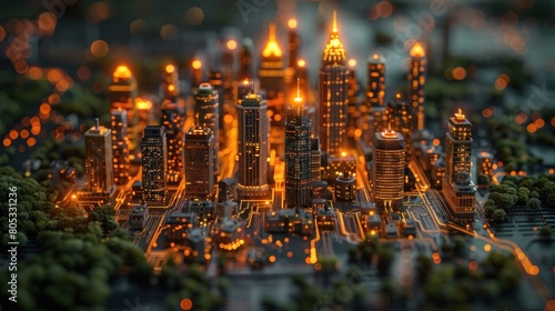 Orange Glowing 3D Cityscape in Metallic Etherialism Style, To provide a visually appealing and futuristic digital art piece for use as a desktop