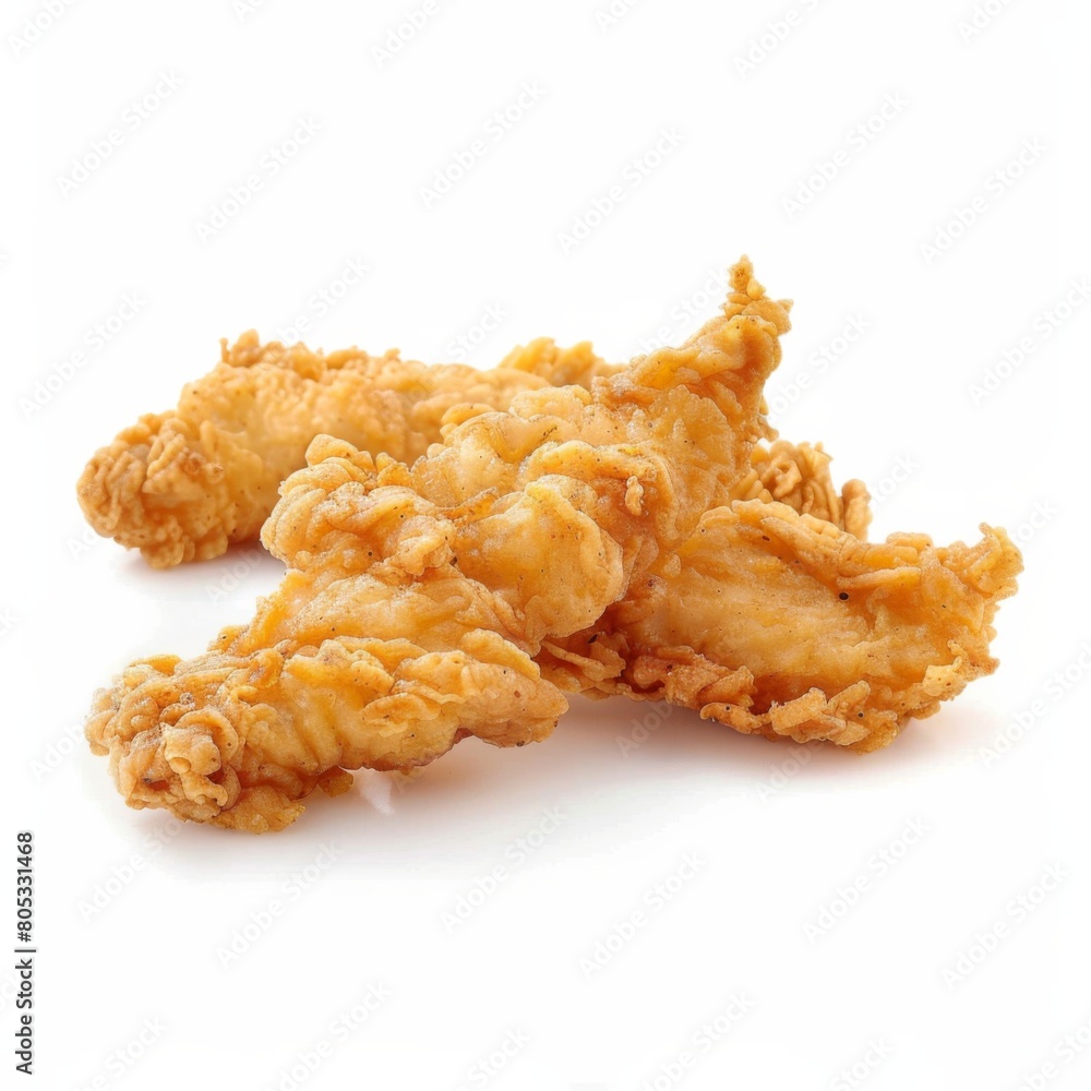 A tempting pile of golden, crispy fried chicken on a clean white background A tempting pile of golden, crispy fried chicken on a clean white background