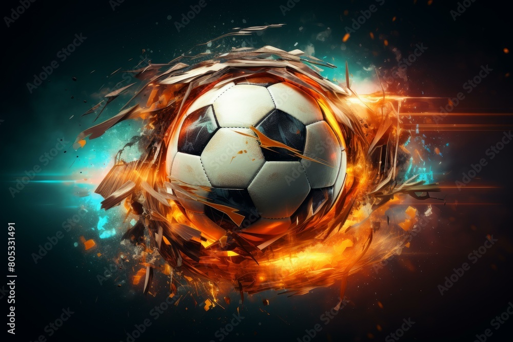Fototapeta premium Chaotic Soccer ball explosion. Goal fire. Generate Ai