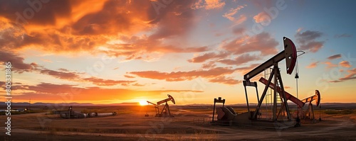 A sunset over a field with three oil wells. The sky is orange and the sun is setting