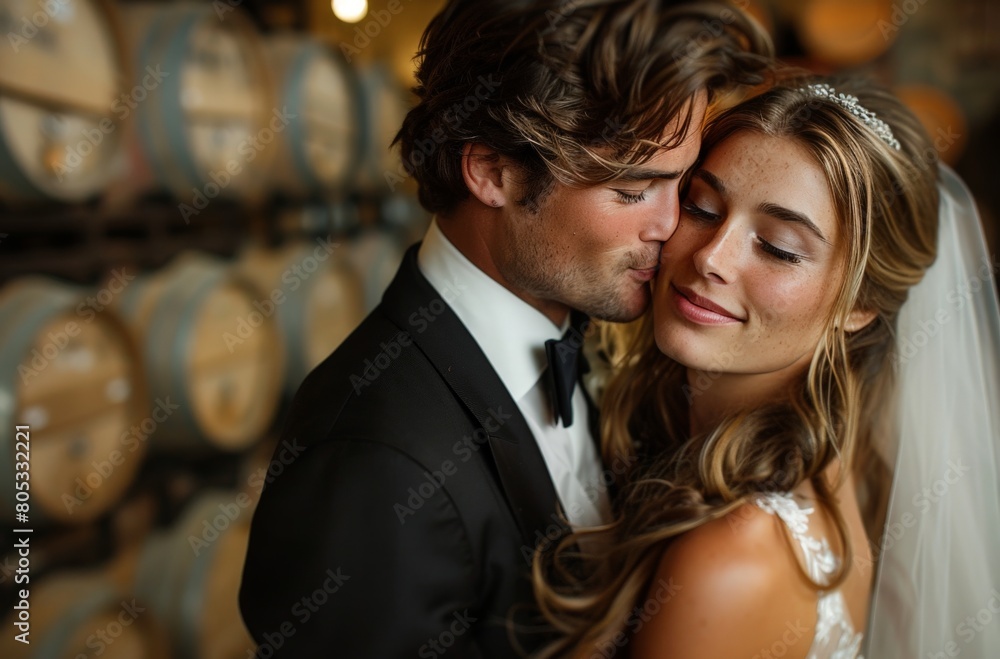 A romantic wedding portrait of a groom kissing his bride's forehead with wine barrels in the background A romantic wedding portrait of a groom kissing his bride's forehead with wine barrels in the background
