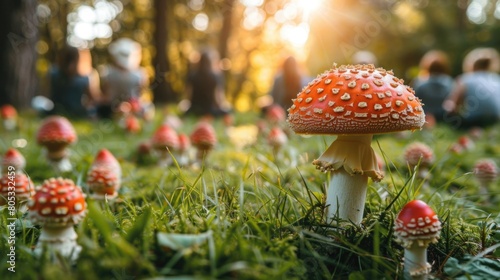A peaceful group meditation session in a park setting, each participant with a tiny amanita mushroom in front of them on the grass