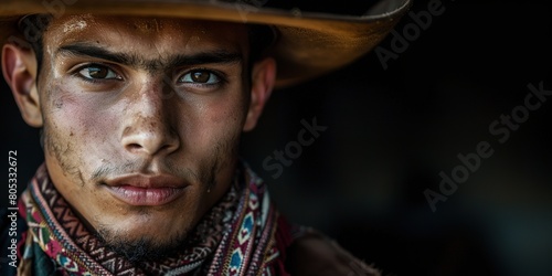 Close-up of cowboy with intense gaze, hat, and traditional banda photo