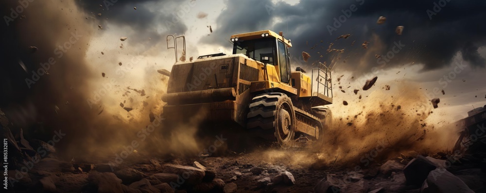 A yellow bulldozer is driving through a dusty, rocky field. The scene is chaotic and wild, with the truck kicking up a cloud of dust and debris as it moves through the area